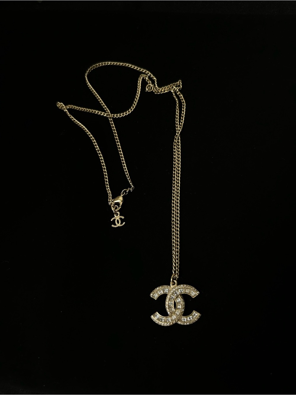 CHANEL Gold Crystal Double C Pendant Necklace